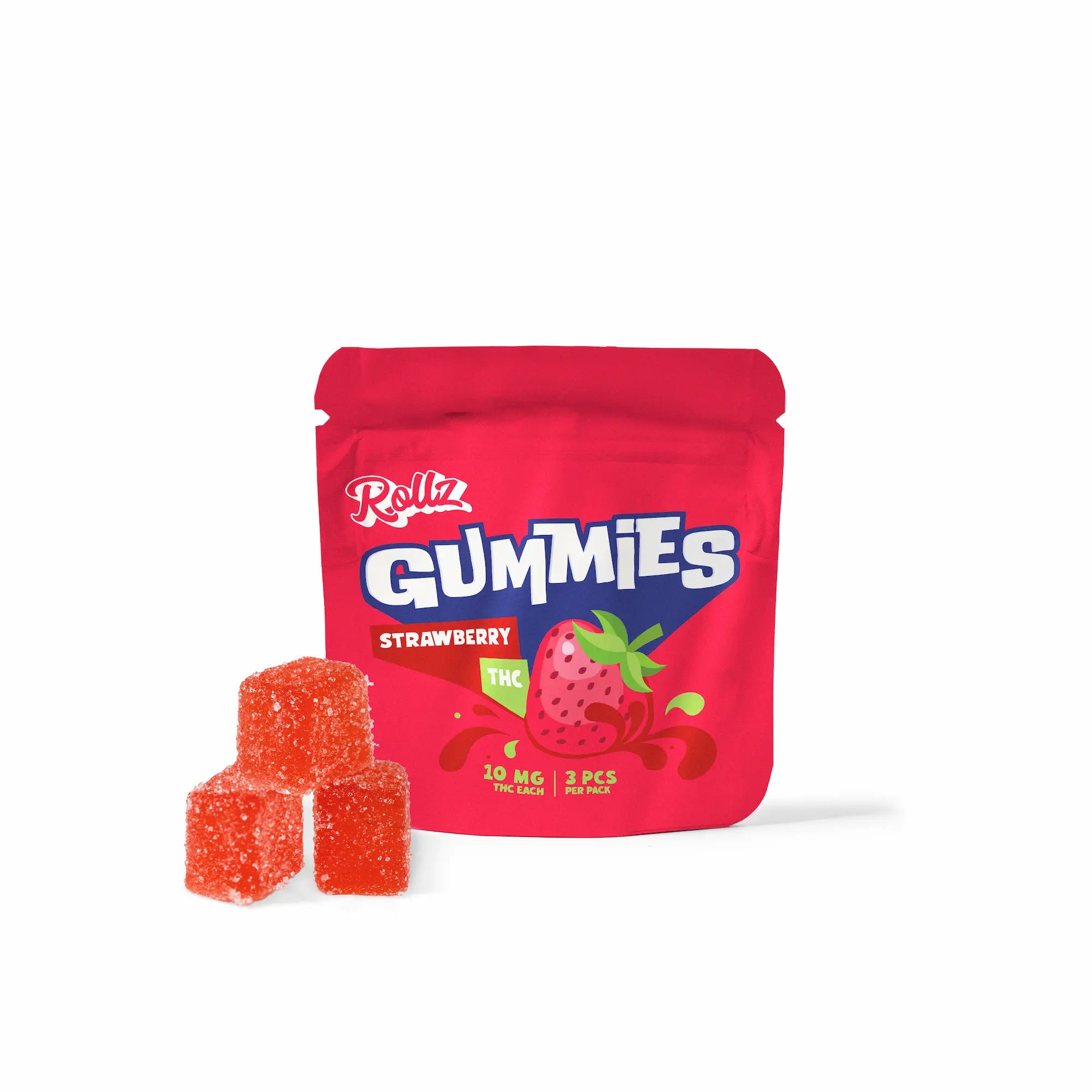 Red package of Rollz Gummy Bears Strawberry with three orange gummies on a white background