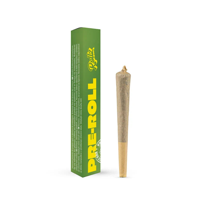 ROLLZ THCA pre-roll 1 g with green PRE-ROLL box and cone joint; own cultivation and production.