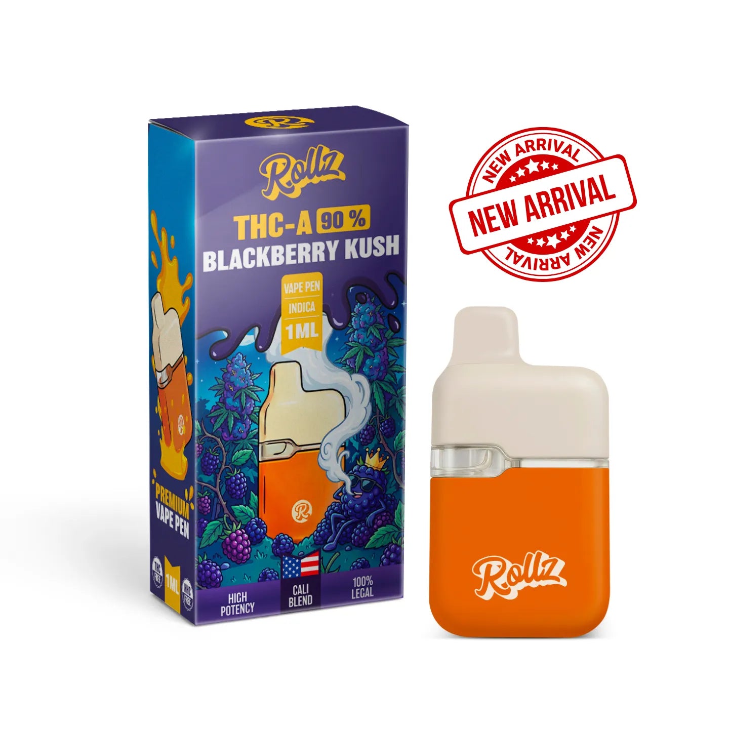 ROLLZ Blackberry Kush THCA 90% vape pen 1ML with purple packaging and orange device