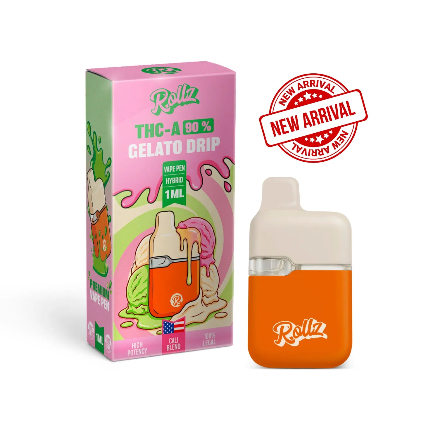 ROLLZ Gelato Drip THCA 90% vape pen 1ML with pink packaging and New Arrival badge