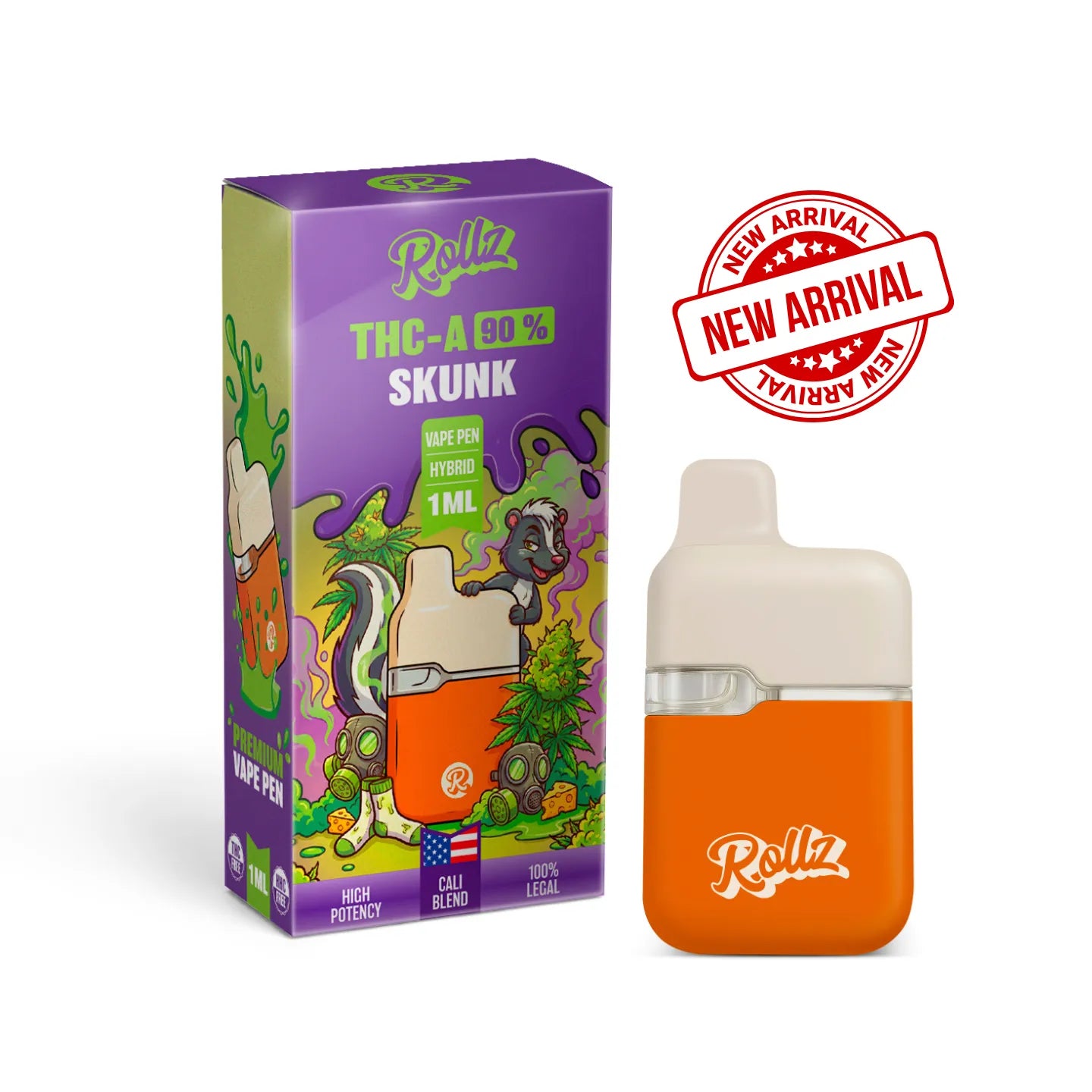 ROLLZ Skunk THCA 90% vape pen 1ML with purple packaging and New Arrival stamp