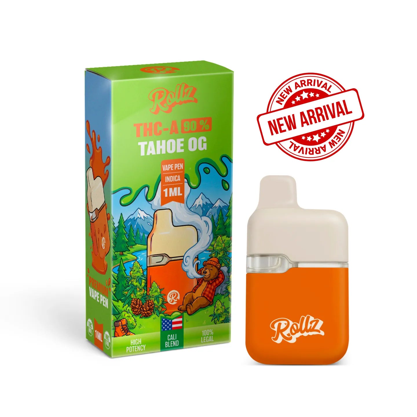 ROLLZ Tahoe OG THCA 90% vape pen 1ML with green packaging and New Arrival badge