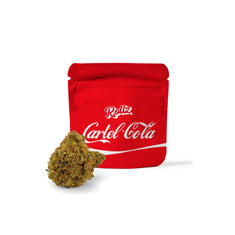 ROLLZ Cartel-Cola THCA flower with red pouch and resinous premium bud